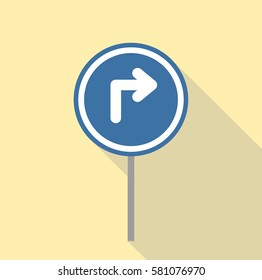 blue circle turn right traffic sign all in light brown or cream square flat design with shadow effect