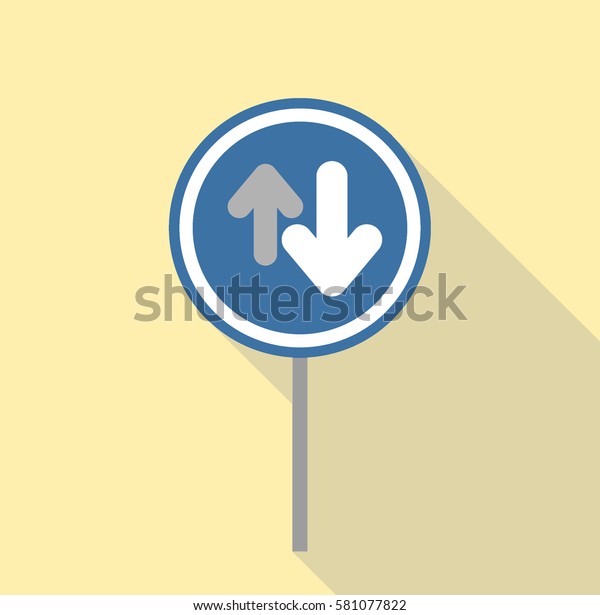 blue circle two\
direction way traffic sign all in light brown or cream square flat\
design with shadow effect