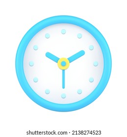 Blue circle wall watch 3d icon vector illustration. Rounded analog clock for time management checking isolated. Daily timer reminder important meeting and cases