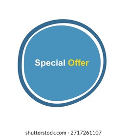 Un círculo azul con un borde blanco que contiene el texto 'Oferta especial' en verde y amarillo, apto para marketing y Materiales promocionales.