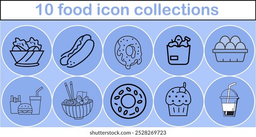 A blue circle with a white line through it with the words 10 food icon collections. The circle is surrounded by a blue border