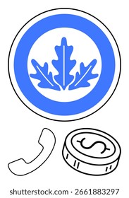 Círculo azul com emblema de folha de carvalho branco acima de um fone de telefone preto e moeda com sinal de dólar. Ideal para finanças, comunicação, atendimento ao cliente, economia, serviços empresariais, marcas corporativas