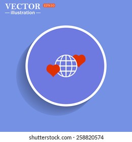 Blue circle with a white stroke on blue background with shadow.  Icon planet and two red hearts. Symbol of love between the nation. Globe.  vector illustration, EPS 10 