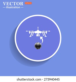 Blue circle with a white stroke on blue background with shadow. Quadrocopter. icon. vector design