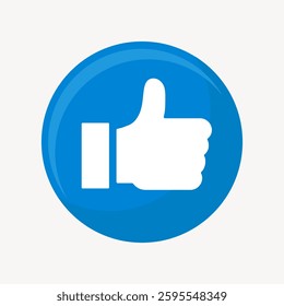 Blue circle with a white thumbs-up icon. Thumbs-up symbol in a blue circle. Icon represents approval or like. Simple thumbs-up design in blue and white. Social media vector.