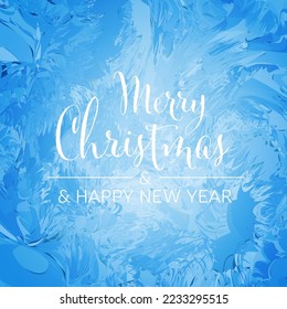 Blue Circle winter Christmas and New year card with forzen window effect and white text Merry Christmas and Happy New Year