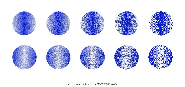 Blue Circles With Different Resolution of Bitmap Dither Gradient Vector Set Isolated On White Background. Retro 8 Bit Pixel Art Graphics Style Round Shapes Various Textures Design Elements Collection