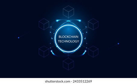 Círculos azules y luces de neón Operaciones criptográficas de criptomonedas y cubos cuadrados de fintech Tecnología blockchain Conecta bloques, transmisión de datos, sistema de nueva tecnología.