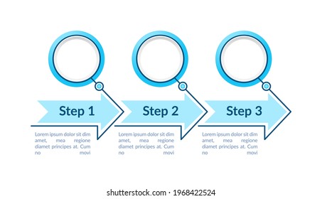 Los círculos azules pisan la plantilla infográfica vectorial. Elementos de diseño de presentación luminosos con espacio de texto. Visualización de datos con 3 pasos. Diagrama de la línea de tiempo del proceso. Diseño de flujo de trabajo con espacio de copia