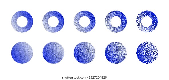 Blue Circles With Various Resolution of Bitmap Dither Gradient Vector Set Isolated On White Background. Retro 8 Bit Pixel Art Graphics Style Round Shapes Different Textures Design Elements Collection