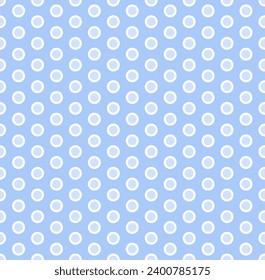 Blue circles with white outline on blue background. Polka dot style simple vector fashion design. Seamless fashion pattern.
