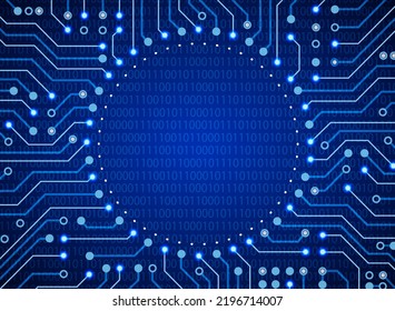Blue circuit board and binary code background. Artificial intelligence abstract template. Concept of AI Technology, Engineering, Learning, Business and Science vector illustration.