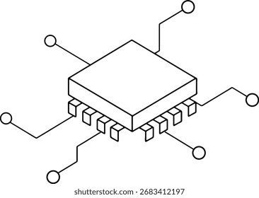 Chip de placa de circuito azul con líneas de conexión aisladas Silueta de aspecto de plano isométrico 3d aislado sobre fondo blanco
