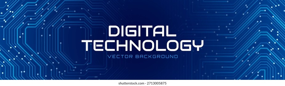 Blue Circuit Board Digital Electronics Background. Artificial Intelligence AI Microchip CPU Technology Backdrop Pattern. Computer Motherboard Vector Illustration.