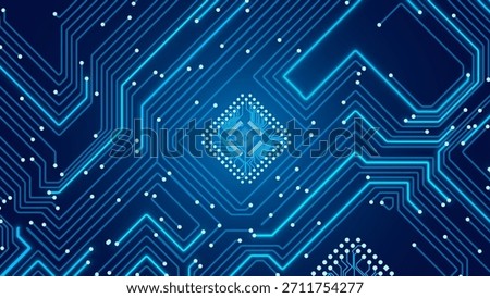 Blue Circuit Board Digital Electronics Background. Artificial Intelligence AI Microchip CPU Technology Backdrop Pattern. Computer Motherboard Vector Illustration.