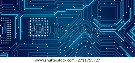 Blue Circuit Board Digital Electronics Background. Artificial Intelligence AI Microchip CPU Technology Backdrop Pattern. Computer Motherboard Vector Illustration.
