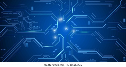 Blue circuit board lines and electronic chip paths forming a clean digital tech backdrop for computer and electronics concepts.