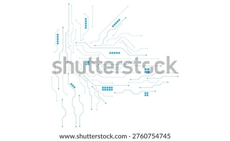 Blue circuit board lines pattern with electronic nodes and pathways isolated on a white background
