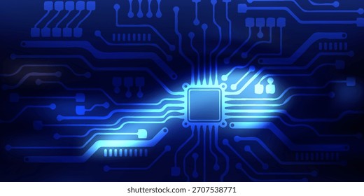 Blue Circuit Board Mikrochip mit glühenden Bahnen - futuristische Digitaltechnik und Elektronik-Konzept