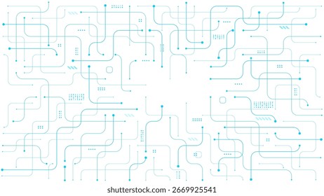 Blue circuit board on white background. Thin line wires and dots. AI chip innovation concept. Tech pattern for web, banner design, and presentation bg. Digital vector illustration.