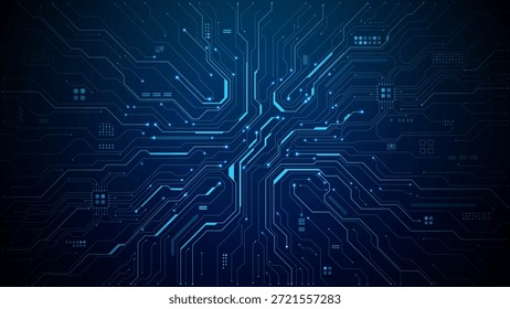 Padrão de placa de circuito azul com elementos de chip digital e linhas de tecnologia no fundo escuro. Design moderno de semicondutores para conceitos de tecnologia. Plano de fundo vetorial de tecnologia digital. 