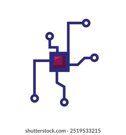 Blue circuit board with red square component and connecting points. Technology, electronics, innovation, robotics, engineering, computer science, data visualization projects