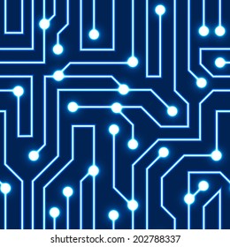 Blue circuit board vector seamless pattern with glowing connectors. Tileable technology background with computer hardware scheme