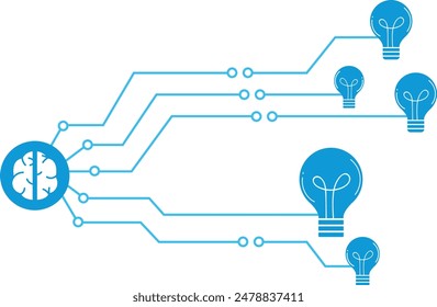 Blue circuit brain light. Digital minds blue lines brain circuit. Brainstorming lightbulb vector graphic