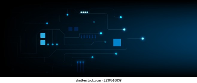 Blue circuit electronic or electrical line with circle glow light engineering technology concept vector background 