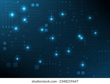 Blue circuit electronic or electrical line with circle glowing engineering technology concept vector background 