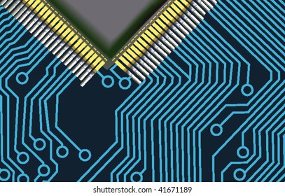 blue circuitboard with part of CPU
