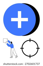 Botão de adição circular azul com sinal de adição, pessoa segurando uma peça de quebra-cabeça acima de sua cabeça e um símbolo de alvo preto. Ideal para trabalho em equipe, colaboração, solução de problemas, definição de metas, projeto