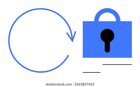 A blue circular arrow points towards a blue lock with a black keyhole. Ideal for cybersecurity, data protection, privacy, encryption, and secure transactions. Modern, minimalistic, clean style