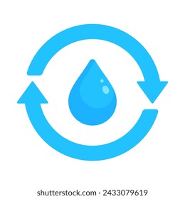 A blue circular arrow with water drop symbol in flat vector illustration style, representing the concepts of hydropower, water purification, and rehydration