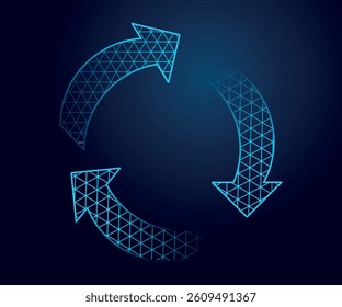 blue circular arrows on polygonal, dark background, vector illustration.