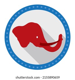 Blue circular frame with starry pattern and red elephant face silhouette inside it. Design in flat style and long shadow.