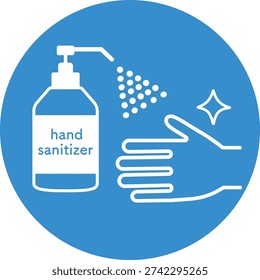 A blue circular hygiene sign featuring a white icon of a pump bottle dispensing sanitizer onto a hand, accompanied by a sparkle symbol to represent cleanliness and germ-free protection. Commonly displayed in public spaces as a reminder to sanitize hands when soap and water are not available.
