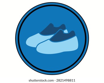 A blue circular icon featuring a pair of light blue shoe covers with dark blue tops, symbolizing cleanliness and protection.