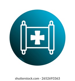 Blue circular icon featuring a scroll with a white cross indicating healthcare services and wellness