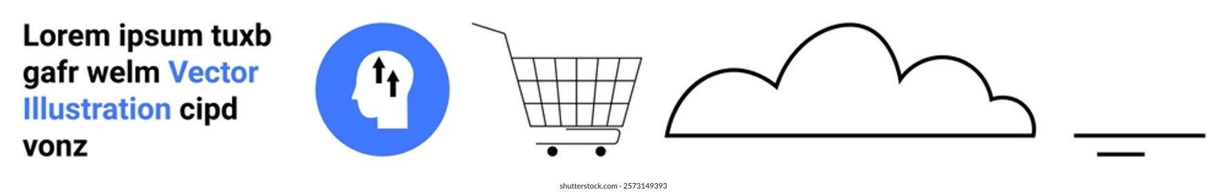 Blue circular icon with a human head and arrows, a shopping cart, a cloud, and horizontal lines. Ideal for e-commerce, cloud computing, user experience design, digital marketing, and technology