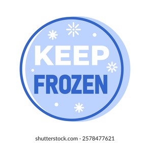 Blue circular icon with Keep Frozen text, snowflakes, and dots on a light background. Represents freezing, cold storage, and refrigeration. Vector illustration