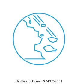 Blue circular line icon depicting falling rocks and soil erosion for natural disaster prevention warning signs