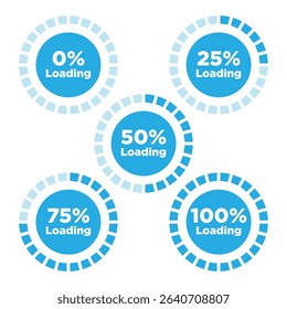 Blue Circular Loading Bar Vector Set, Progress Indicator from 0% to 100%.