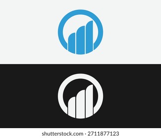 Um logotipo circular azul com três barras verticais de altura crescente é mostrado em um fundo branco. Abaixo, uma versão branca do mesmo logotipo está sobre um fundo preto.