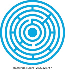 A blue circular maze symbol on a white background with concentric lines and a central circle, representing puzzle and problem solving concepts