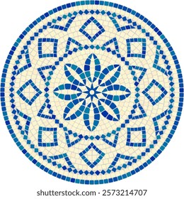 Blue circular mosaic tile ornament for floor medallions, ceramic tiles, wall decor, interiors and backgrounds. Vector for web and print.