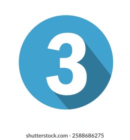 Blue Circular Number 3 Icon with Long Shadow