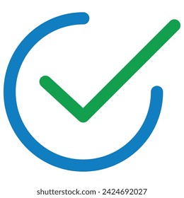 Blue circular outline with a green check mark inside, indicating approval or completion.