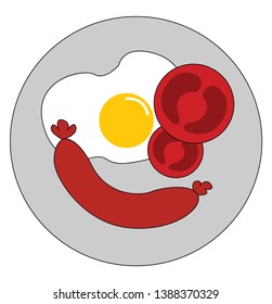 A blue circular plate filled with a toasted sausage  sunny side up egg and two slices of tomatoes  vector  color drawing or illustration