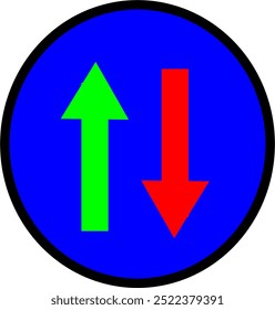 blue circular road sign with a black border. Inside the circle, a green upward-pointing arrow and a red downward-pointing arrow